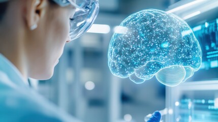 Scientist Studying Illuminated Holographic Brain Image.