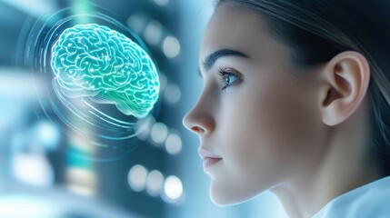 Young Scientist Viewing Projected Brain Hologram.