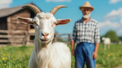 Portrait of a white goat on a farm with a farmer in the background. Concept of agriculture, livestock, and rural life.