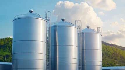 Obraz premium Three large, silver silos stand against a blue sky with clouds and a green hillside. Industrial storage concept.