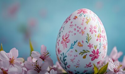 Fototapeta premium Decorated Easter Egg Amongst Pink Blossoms a Spring Holiday Celebration
