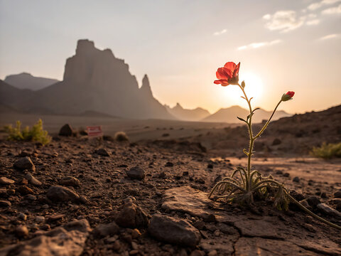 Resilient Desert Flower at Sunset with Mountain Silhouette - Powered by Adobe
