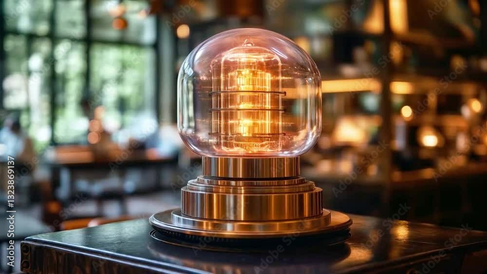 Poster A futuristic quantum computing device is showcased inside a stylish cafe. The transparent dome encapsulates intricate components, illustrating principles like superposition and entanglement.