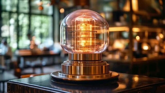 A futuristic quantum computing device is showcased inside a stylish cafe. The transparent dome encapsulates intricate components, illustrating principles like superposition and entanglement.