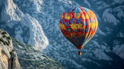 Fototapeta premium The Ascent of Patterns: A Colorful Balloon Ascending Against Mountains Representing the Risks of Overconfidence