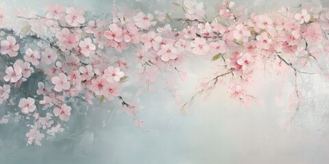 Fototapeta premium Blossom Whispers: delicate cherry blossoms, a symphony of soft pink petals, gently cascading against an ethereal backdrop.