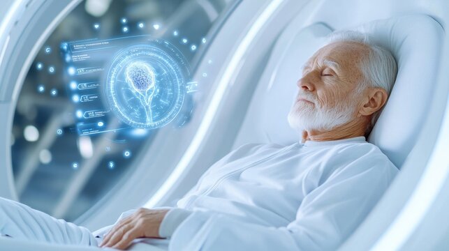 Elderly Man In Futuristic Medical Scanner Technology Pod - Powered by Adobe