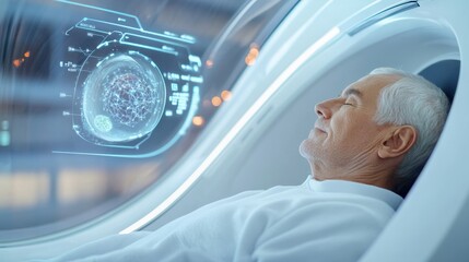 Elderly Man In Futuristic Mri Machine Examining Brain