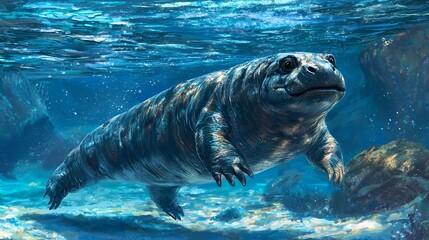 Prehistoric marine mammal swimming underwater