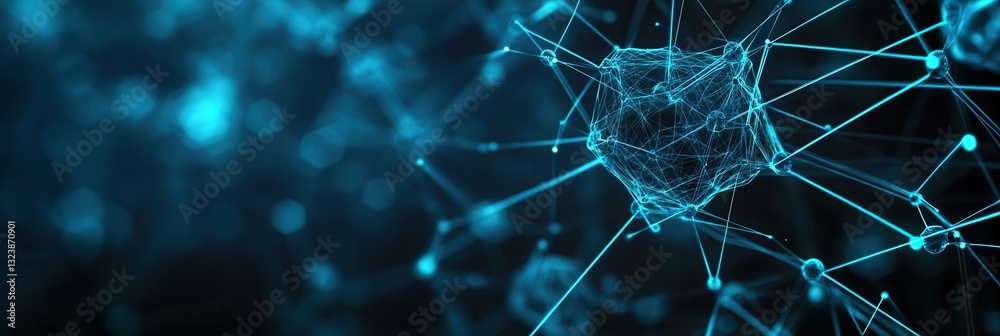 Poster Futuristic neural network visualization with deep blue and cyan patterns blending into black for text display