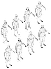 A series of figures of female are shown in a row, each with a different body type. From slim to overweight. Isometric view. 3D
