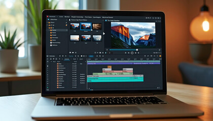 Laptop displaying video editing software on a wooden desk in a contemporary workspace
