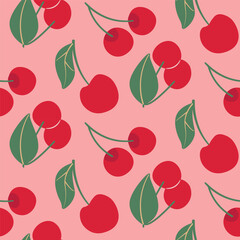 Seamless Pattern of Bright Red Cherries with Leaves on Pink Background