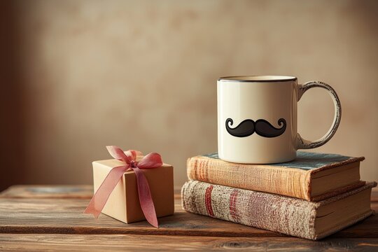 Father's Day Gift Coffee Mug with Mustache Design and Notebook on Rustic Wooden Table