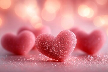 Fototapeta premium A romantic close-up of soft-focus heart-shaped objects, perfect for Valentine's Day promotions, love-themed events, or sentimental gifts.