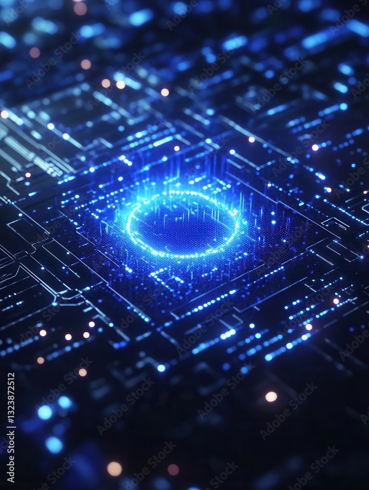 Poster futuristic digital grid with holographic effects in blue and silver showcasing a glowing grid node a