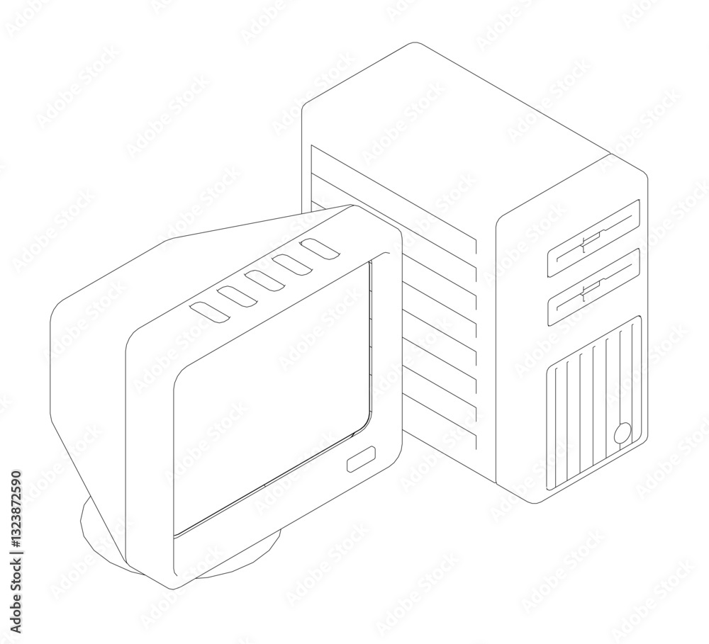 Poster a computer monitor and a computer tower are shown in a black and white drawing. the computer tower i