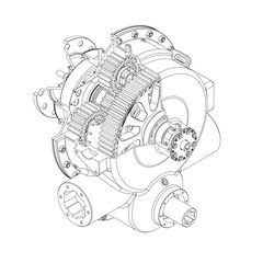 A mechanical drawing of a gearbox with a lot of detail. The gears are shown in different sizes and positions, and the overall design is very intricate. Concept of complexity and precision