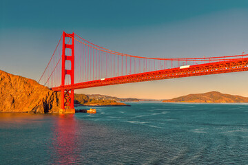 A view at sunset towards the Sausalito side of  the Golden Gate bridge in San Francisco in early springtime