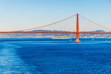 A view at sunset past the Golden Gate bridge in San Francisco in early springtime