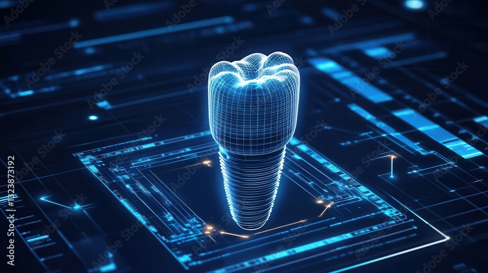 Poster exploring a modern 3d holographic dental implant with advanced scanning effects and digital blueprin