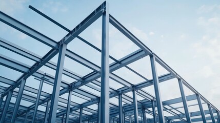 Steel framework of a building under construction against a blue sky. Concept of construction, architecture, and engineering.