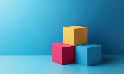 Obraz premium Three colorful cubes on blue background.