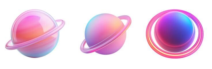 Obraz premium Colorful 3D planets with rings, featuring soft gradients and glossy surfaces, evoke dreamy cosmic atmosphere