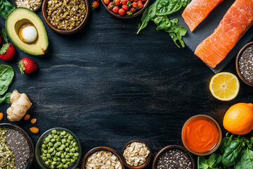 Many different healthy foods on black wooden table, flat lay. Space for text