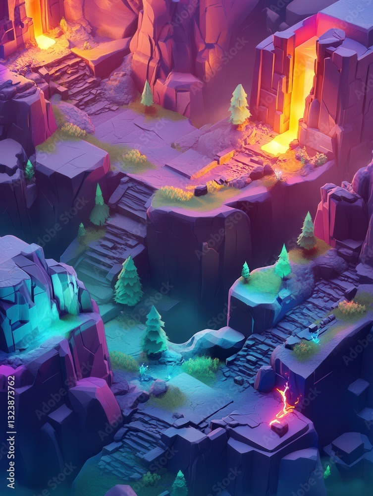 Aufkleber colorful isometric gaming terrain featuring dynamic lighting and 3d ui elements at sunset