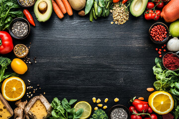 Many different healthy foods on black wooden table, flat lay. Space for text