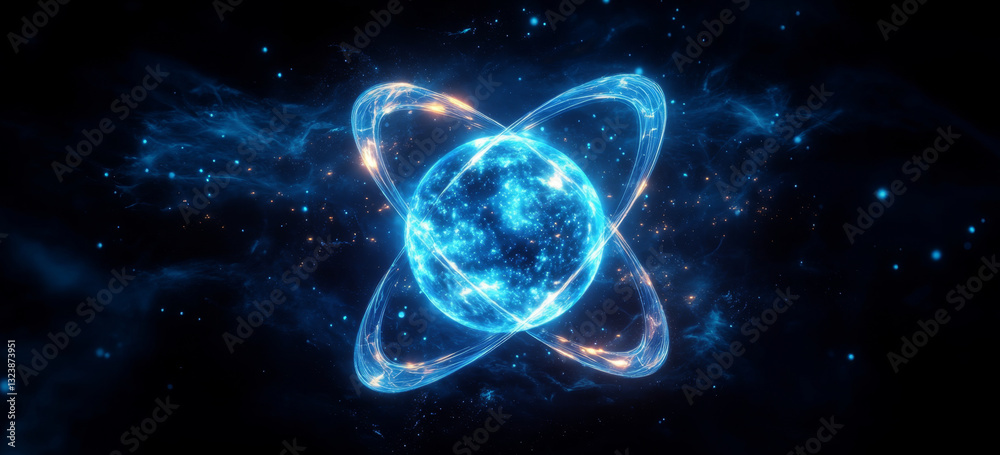 Leinwandbilder An artistic representation of a qubit in superposition and entangled states, showcasing the principles of quantum computing. The vibrant blue glow symbolizes complex algorithms and data optimization.