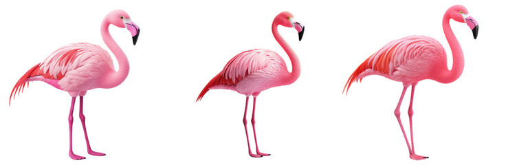 Obraz premium Flamingos standing in row, showcasing their vibrant pink feathers and long legs