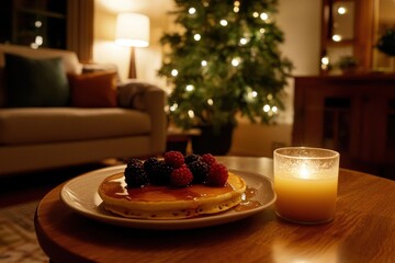 Naklejka premium A cozy evening scene with pancakes topped with berries, illuminated by candlelight and soft background lights creating a warm and inviting atmosphere.