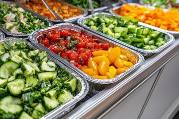 Obraz premium Freshly prepared colorful vegetable salad bar with various ingredients