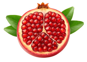 Half a pomegranate with seeds and green leaves