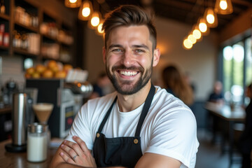 Fototapeta premium A cheerful young barista standing confidently in a modern cafe. Warm lighting