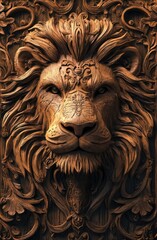 Carved lion head on ornate wooden shield, decorative, art, digital
