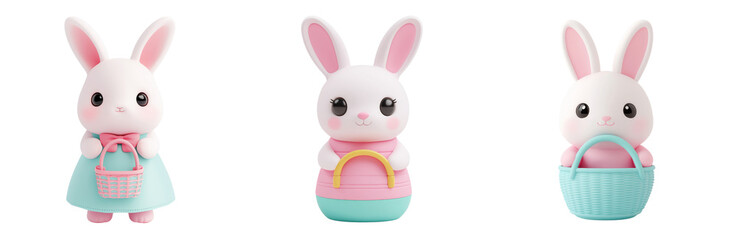 Obraz premium Cute cartoon rabbits with pastel colors and baskets, perfect for Easter decorations