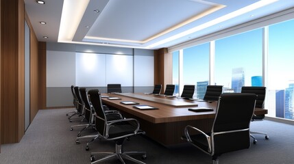 Fototapeta premium Modern conference room with large table, office chairs, and city skyline view in background