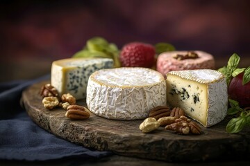 A delectable assortment of gourmet cheeses with walnuts and fruits, arranged on a rustic wooden board, creating an elegant and inviting display for a tasting experience.