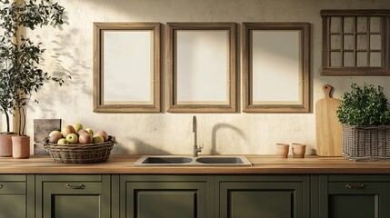 Harmonious Kitchen Interior Three Frames Natural Elements Wooden Accents and Vintage Charm