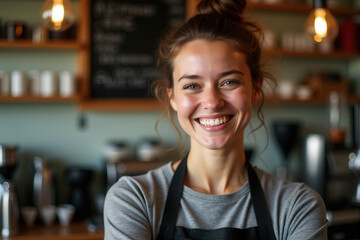 Obraz premium A cheerful young barista standing confidently in a modern cafe. Warm lighting
