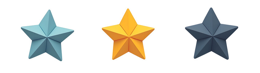 Three stylized stars in varying colors: blue, orange, and gray, showcasing a modern design with distinct shapes.