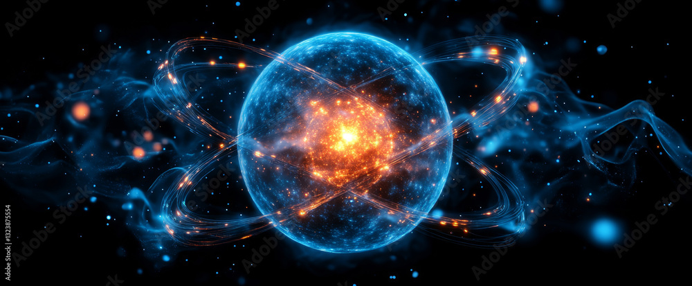 Poster a vibrant sphere radiates energy, illustrating quantum principles such as superposition and entangle