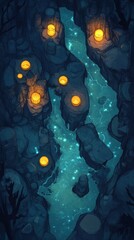 Obraz premium Pixelated artwork of a glowing stream inside a dark cave with floating lights and starry sky details. It is lit with shades of blue and yellow