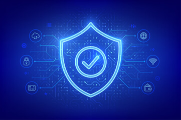 Security shield. Cyber security. Protection shield with Check mark icon. Cyber data protection. Information privacy idea. Network safety. Circuit board pattern. PCB printed circuit texture. Vector.