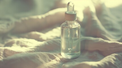 
Small elegant glass bottle with dropper containing clear liquid on neutral fabric, minimalist design with label-free simplicity, conveying calm and safety, ample copy space for text or design.