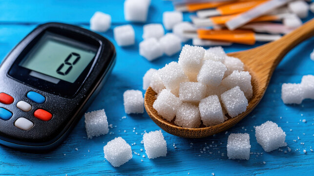 Diabetes awareness image with sugar cubes and glucose meter, highlighting health
