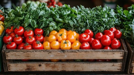 Fresh red and yellow tomatoes with basil in wooden crate at market.